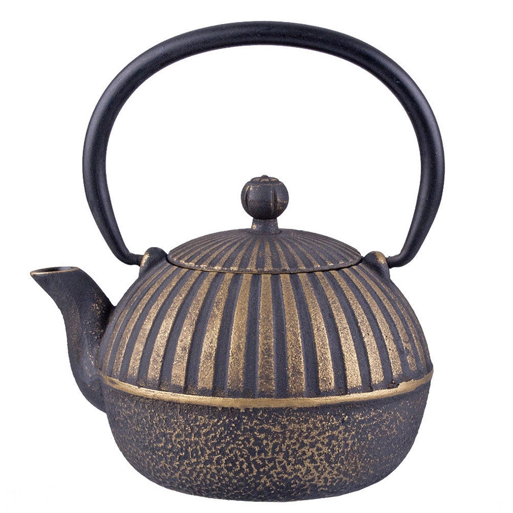Teaology cast iron teapot with an Imperial Stripe pattern in black and gold and an arched handle