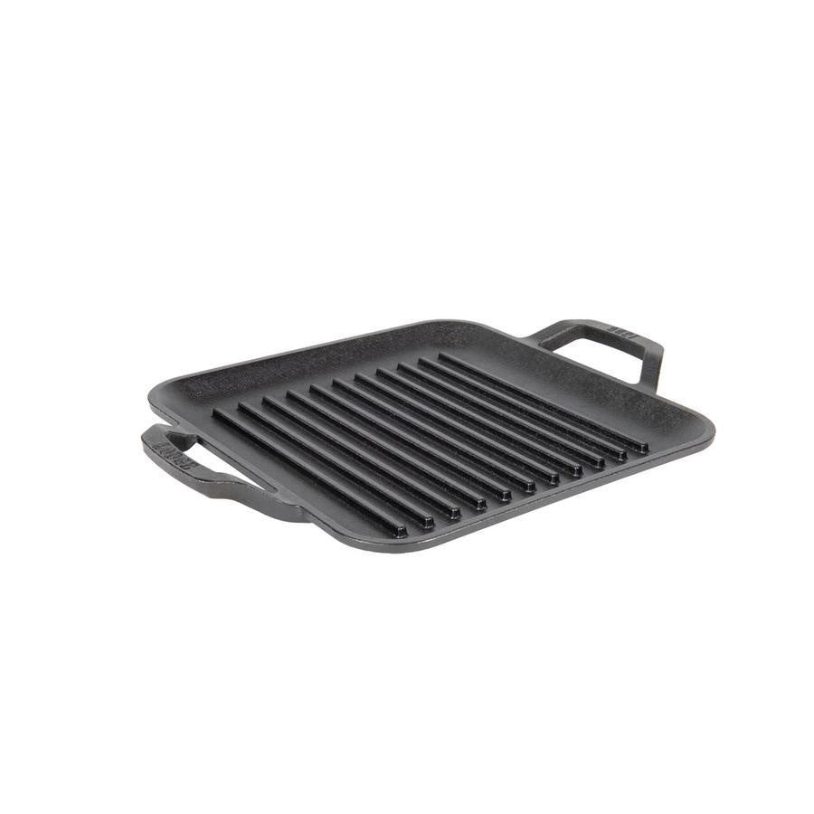 Lodge Chef Collection square grill pan in black cast iron with a ridged surface and two handles