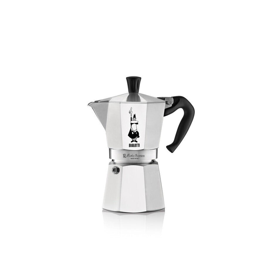 Bialetti Moka Express stovetop coffee maker in aluminium with a black handle