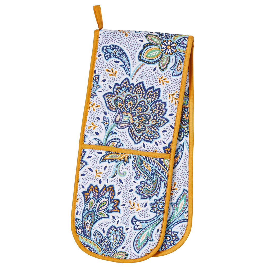 Ulster Weavers Italian Paisley double oven glove with a blue paisley print and yellow binding
