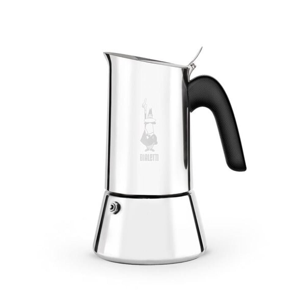 Bialetti Venus Induction stovetop espresso maker, 4 cup, in polished stainless steel with a black handle