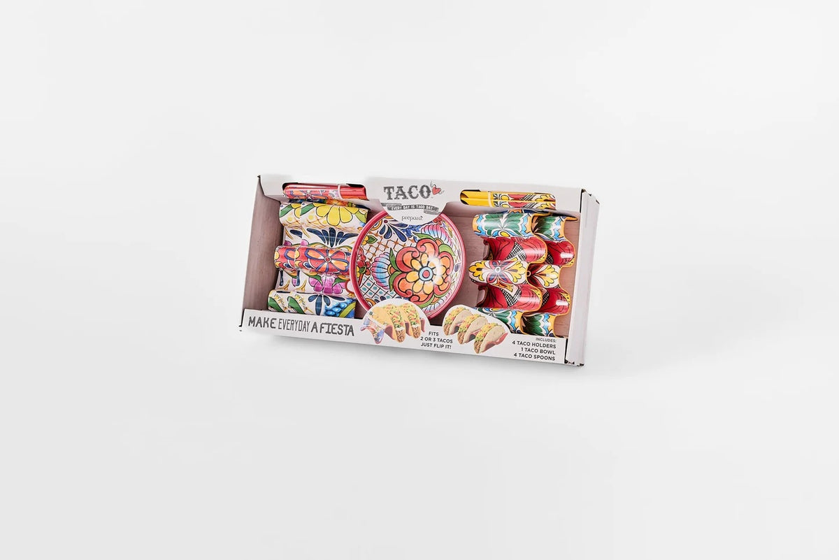 Prepara Taco Set in its boxed packaging with a colourful fiesta design