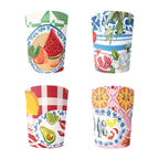 La La Land Italian Summer melamine cups, a set of four with watermelon, pomegranate, citrus and fish designs