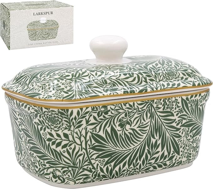 Heritage Larkspur butter dish in green and white leaf pattern with a gold rim, shown with its box