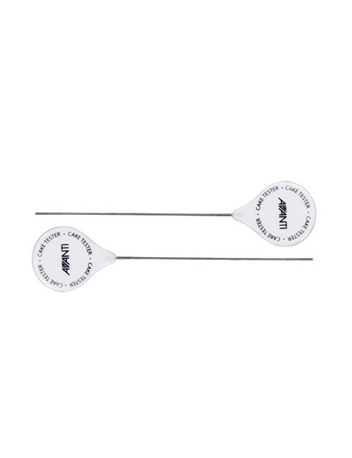 Avanti cake testers, two thin steel skewers with white round handles