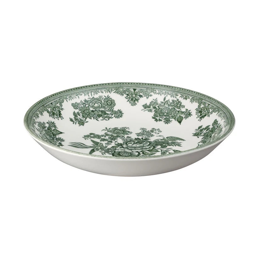 Burleigh Green Asiatic Pheasants pasta bowl with a green and white transferware pattern