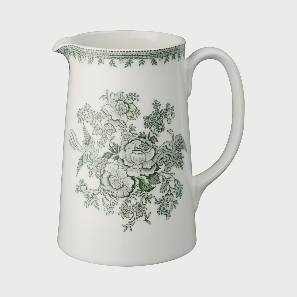 Burleigh Green Asiatic Pheasants large tankard jug, 1.1L/2pt, with a green and white transferware pattern