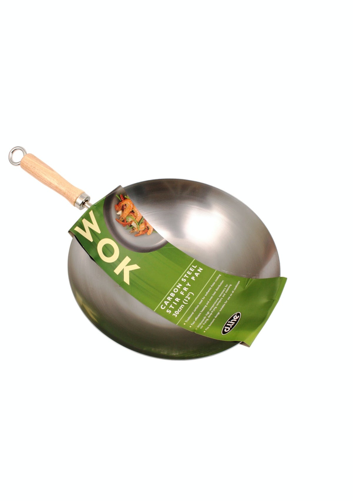 D Line carbon steel wok, 30cm, with a wooden handle, shown with its green retail band