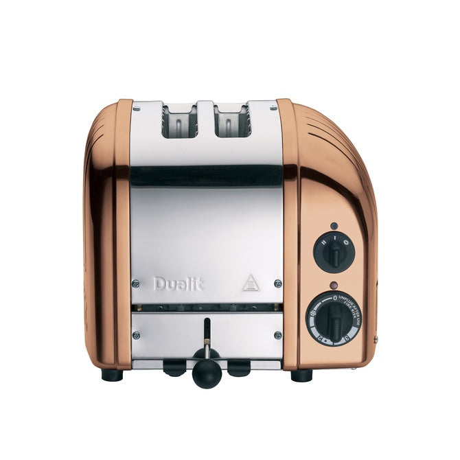 Dualit two slice toaster in a copper spray finish with chrome accents