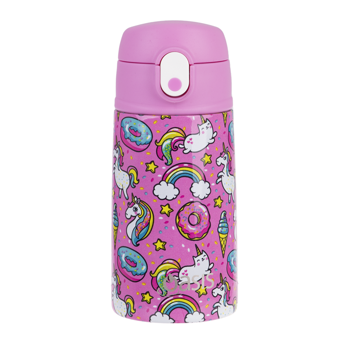 Oasis kids drink bottle with a sipper, 400ml, in pink with a unicorn and donut print