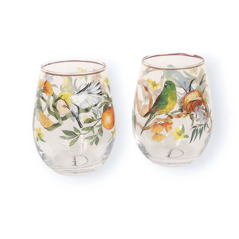 La La Land Golden Hour glass tumblers, a pair with painted bird and floral designs