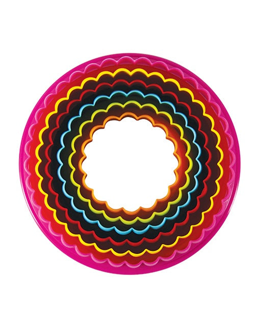 Avanti double sided round cookie cutters, a nested set of eight scalloped cutters in bright colours