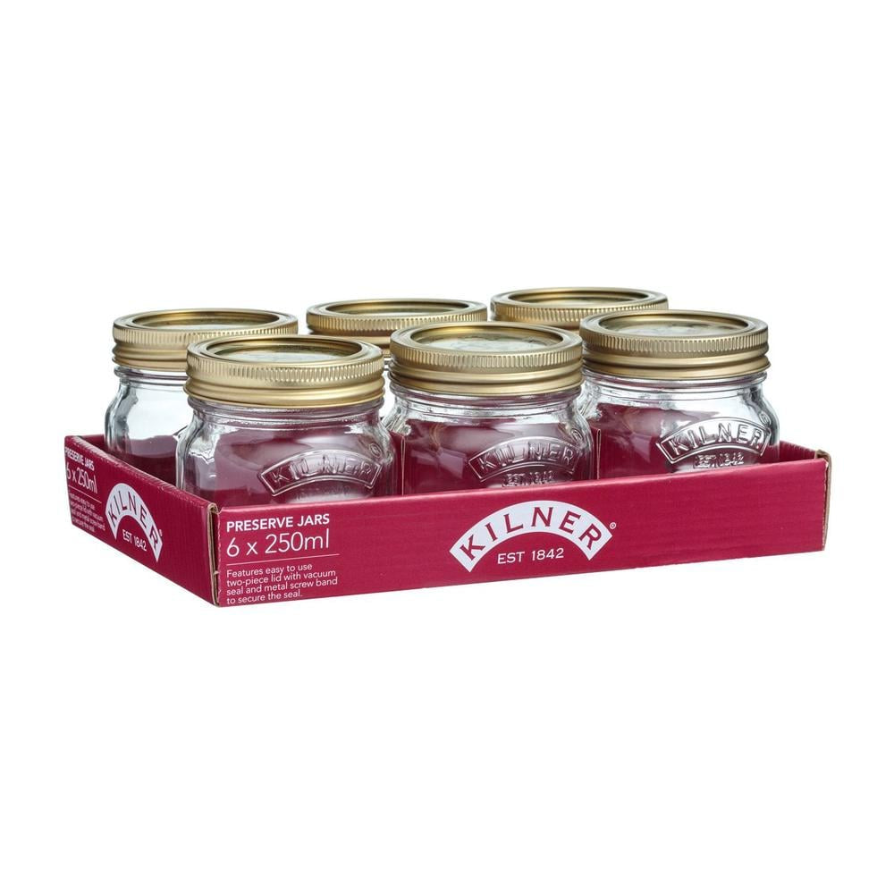 Kilner preserve jar set, six 250ml jars with gold lids, shown in their retail packaging