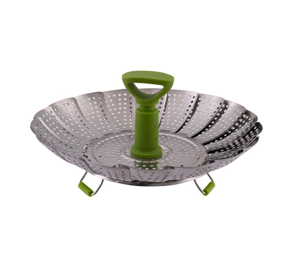 Avanti 23cm stainless steel folding food steamer with a green handle and feet