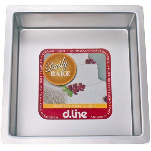 Daily Bake square cake pan in anodised aluminium with a straight sided design and a label