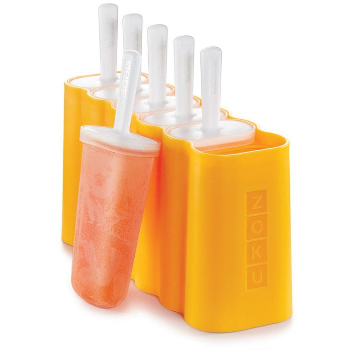 Zoku Mod Pops yellow-orange popsicle mould with six pop sticks and a finished orange ice pop