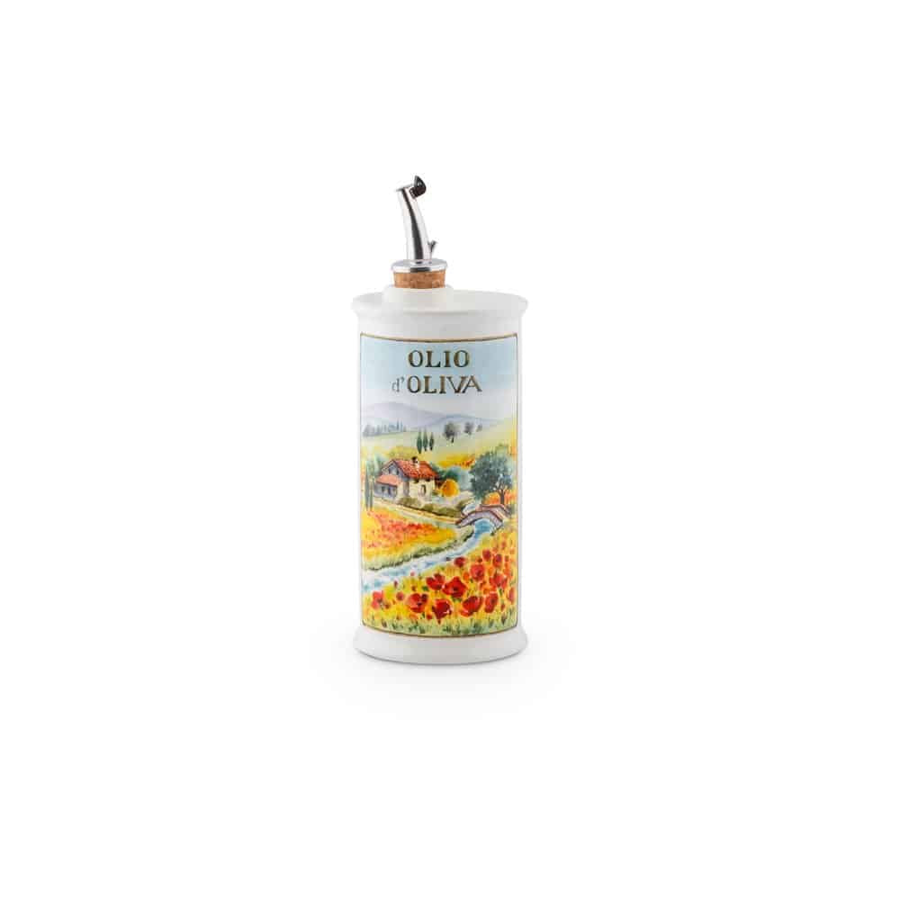 NuovaCER ceramic olive oil cruet, 250ml, painted with a poppy field scene and OLIO OLIVA lettering