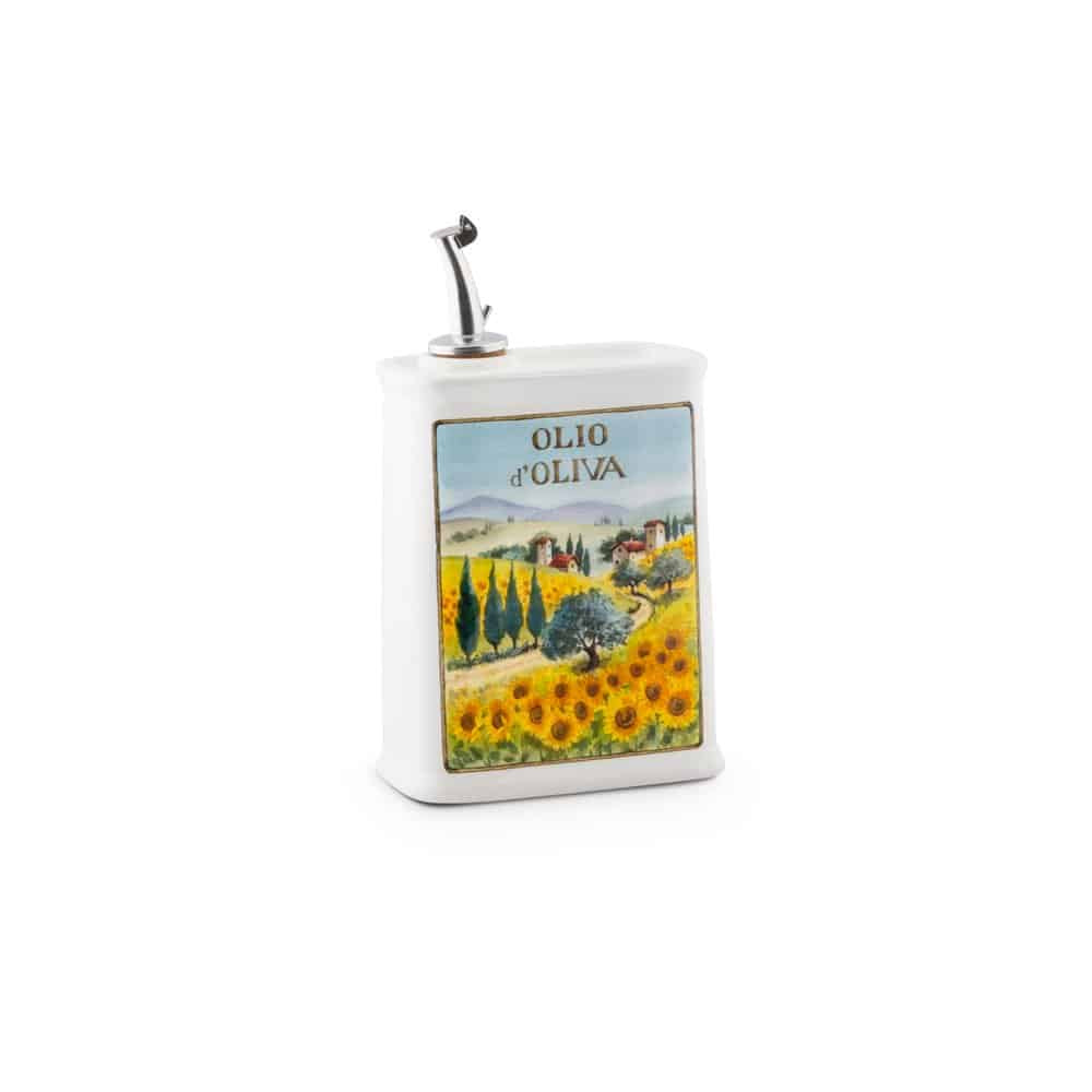 Nuova CER ceramic olive oil cruet, 250ml, with a Sunflowers and Tuscan fields label and a steel pourer