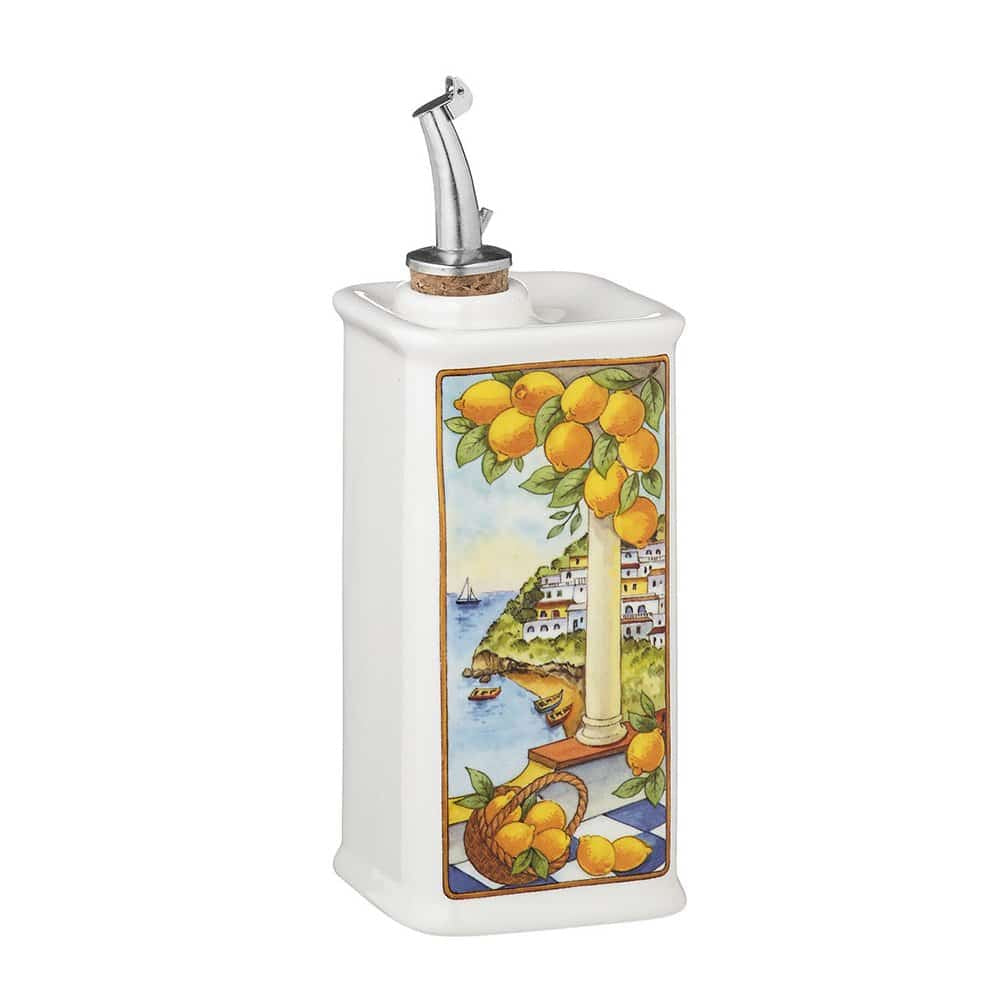 NuovaCER Mediterranean olive oil cruet, 250ml, painted with a Sea View coastal village and lemons, with a steel pourer