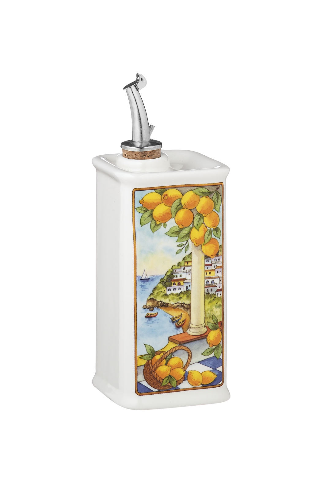 NuovaCER Mediterranean Sea View olive oil cruet, 500ml, with a painted coastal scene and a steel pourer