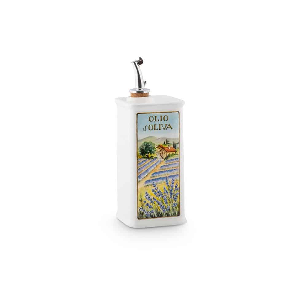 Nuova CER Lavender ceramic olive oil cruet, 250ml, with a lavender field label and a steel pourer