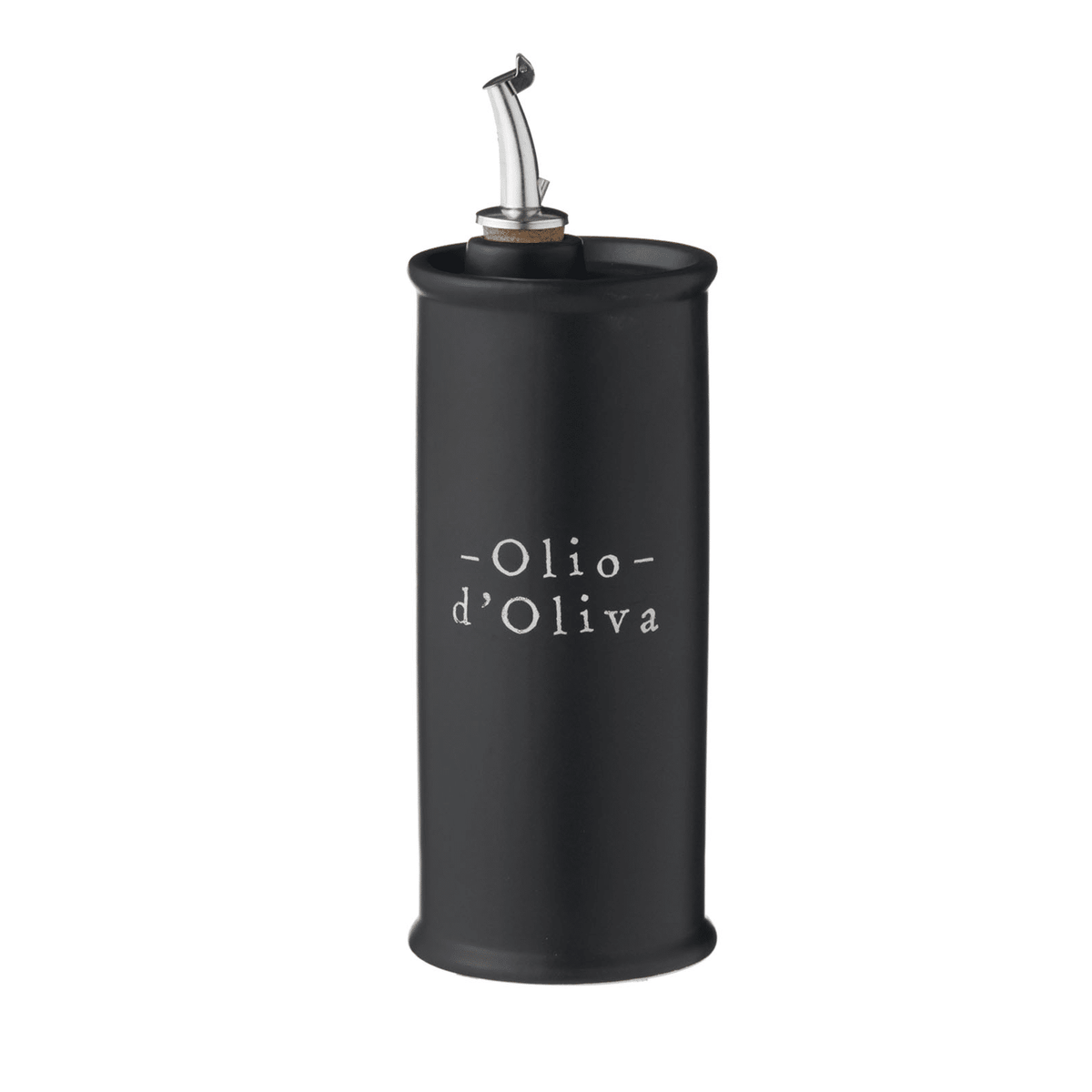 Nuova CER Typo ceramic olive oil cruet, 500ml, in black with Olio d'Oliva lettering and a steel pourer