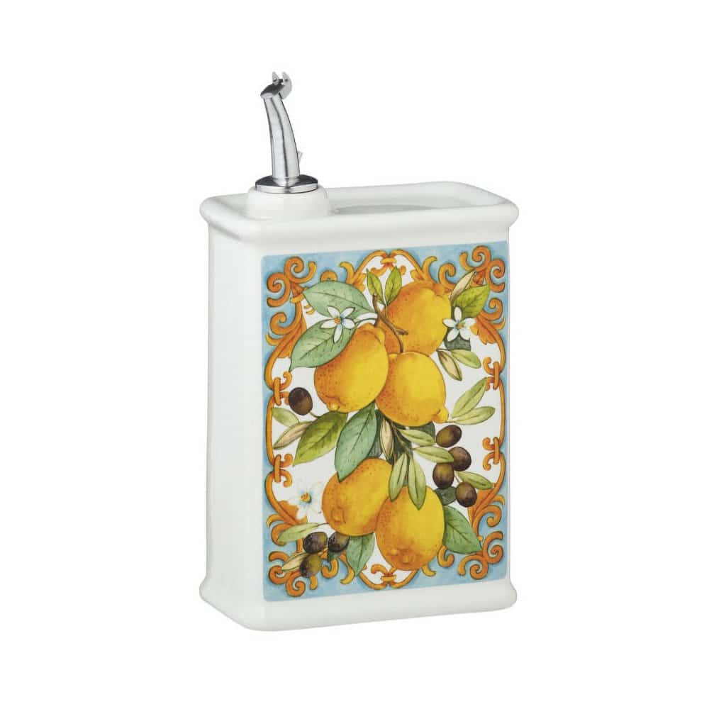 Nuova CER Mediterranean ceramic olive oil cruet, 500ml, with a lemon tile design and a steel pourer