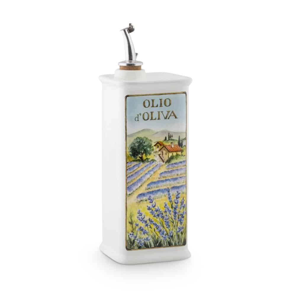 Nuova CER Lavender ceramic olive oil cruet, 500ml, with a lavender field label and a steel pourer