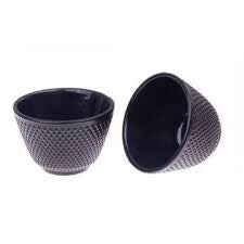 Teaology cast iron fine hobnail tea cup set, two black textured cups