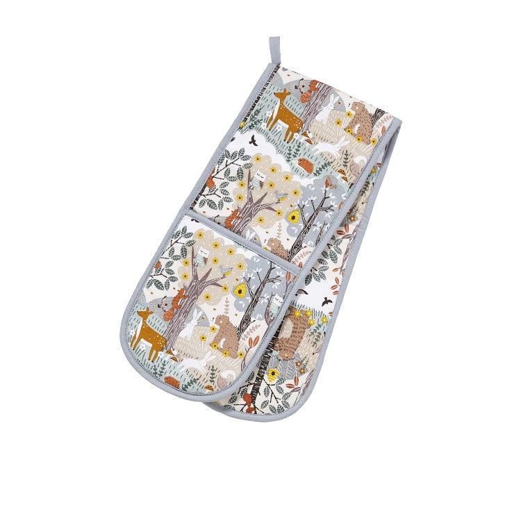 Ulster Weavers Wildwood double oven glove with a woodland animals print in grey and orange