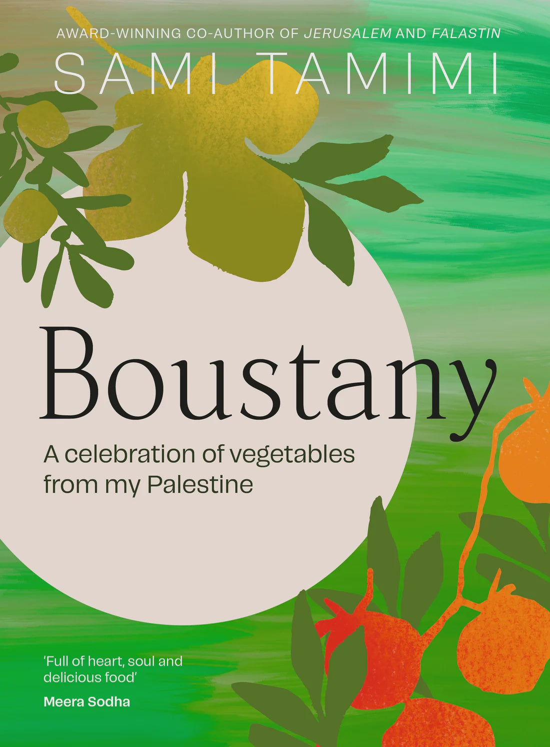 Boustany cookbook cover with an illustrated citrus and olive branch design on green