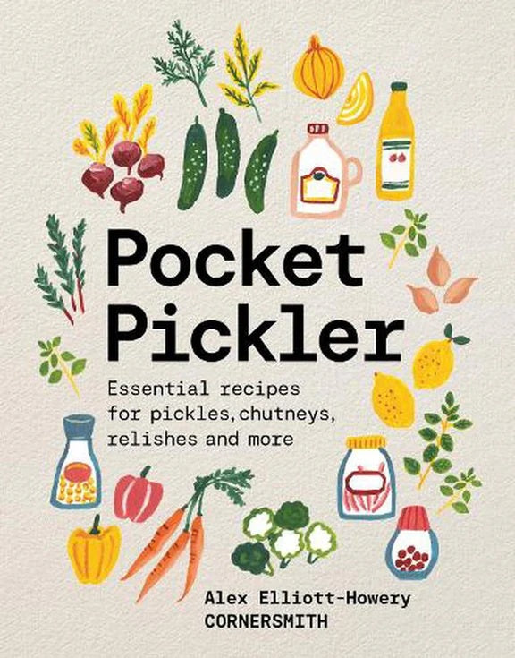 Pocket Pickler cookbook cover with illustrated jars, vegetables and pickling ingredients