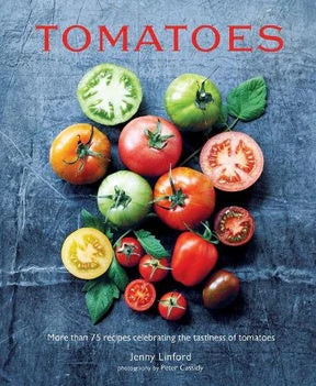Tomatoes cookbook by Jenny Linford with a photo of green, red and yellow tomatoes on a blue background