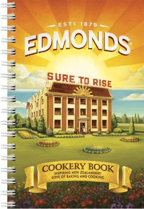 Edmonds Cookery Book, a spiral bound cover showing the Edmonds factory building