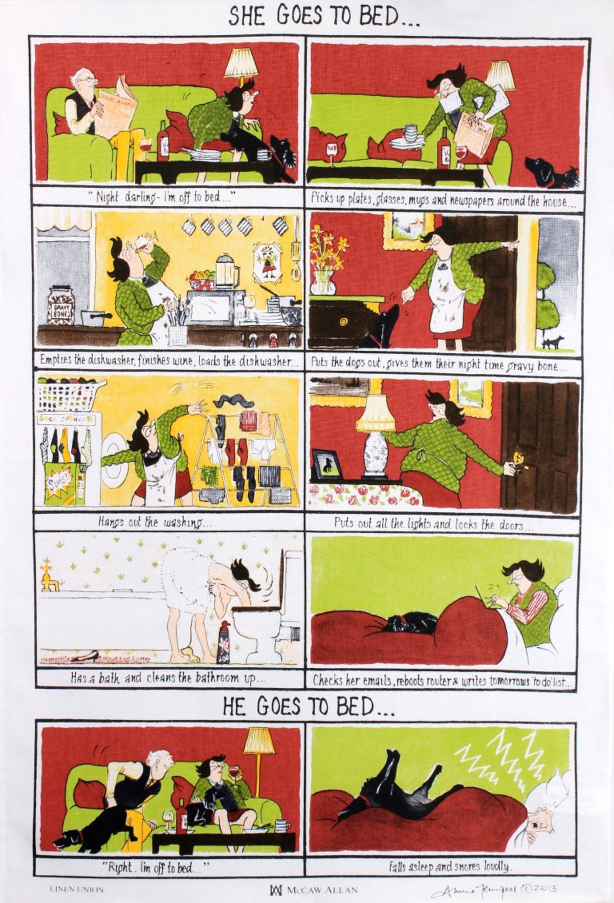 Samuel Lamont She Goes to Bed / He Goes to Bed comic tea towel with illustrated panels comparing bedtime routines