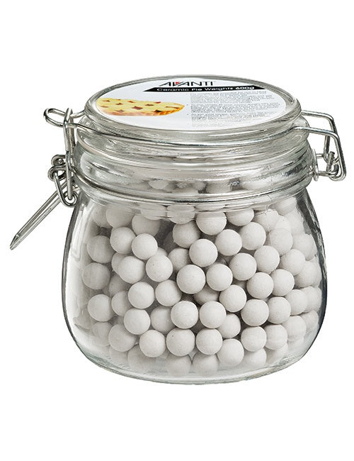 Avanti ceramic pie weights, 600g, in a glass jar with a clip lid