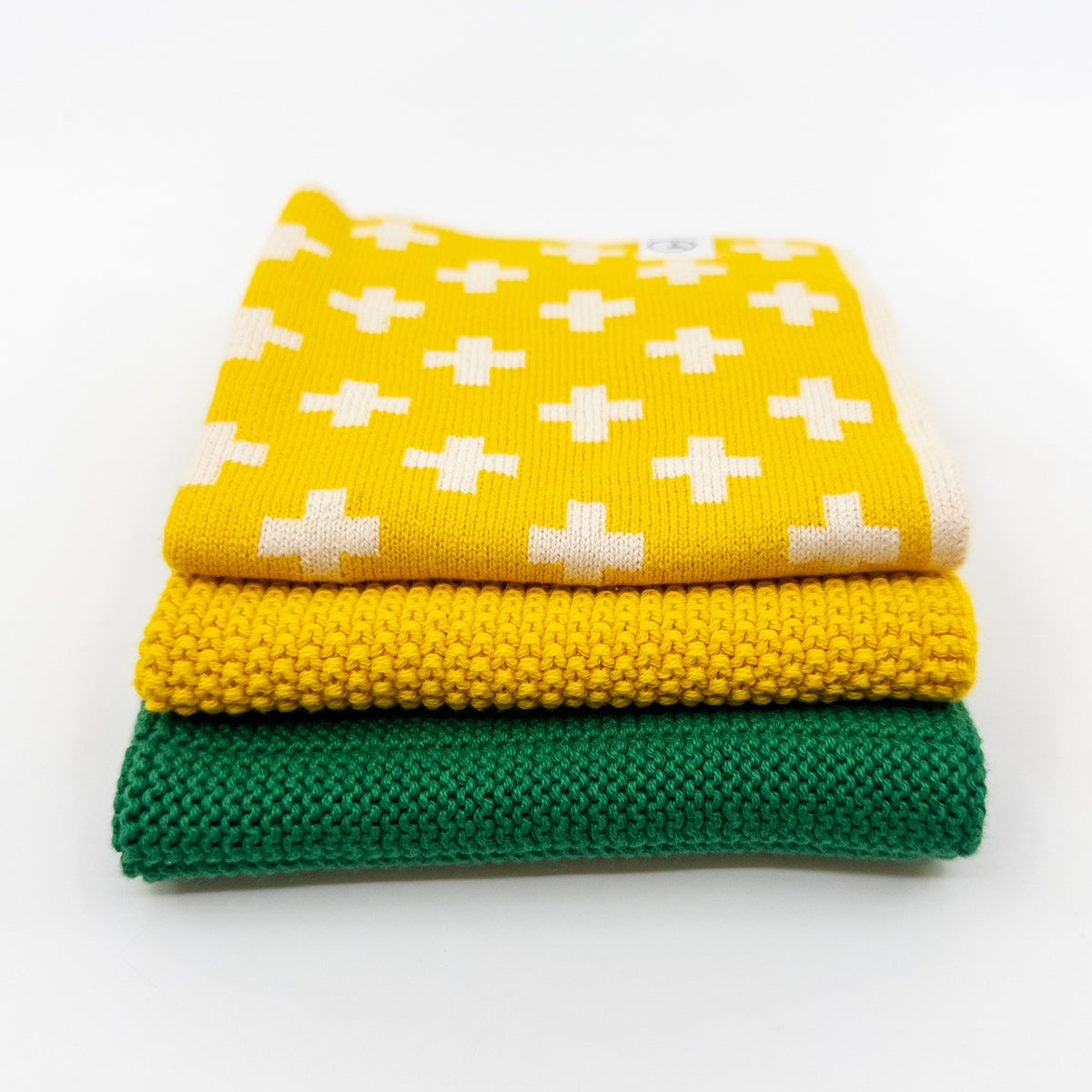 Ecovask dishcloth variety three pack in yellow and green knit, folded