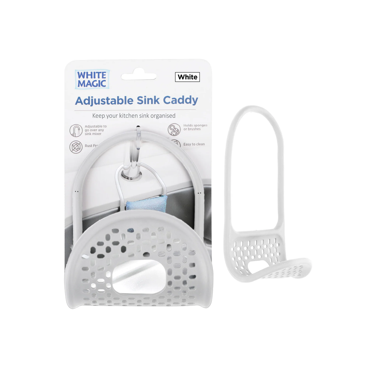 White Magic adjustable sink caddy in white, a hanging rack with a sponge holder, shown on its retail card