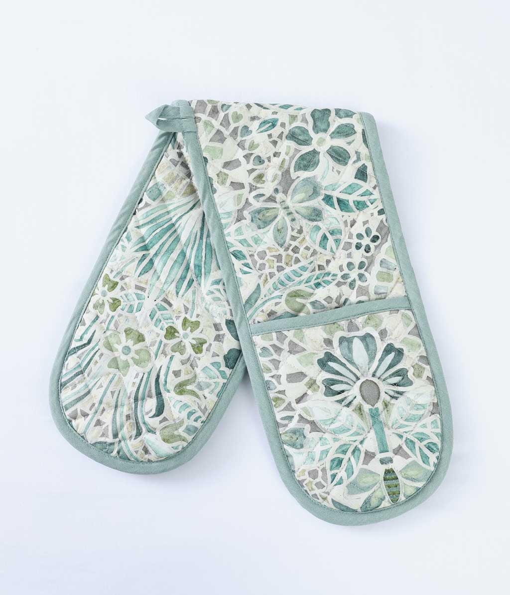 Andora double oven glove with a sage green and white mosaic floral pattern