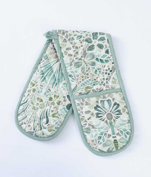 Andora double oven glove with a sage green and white mosaic floral pattern