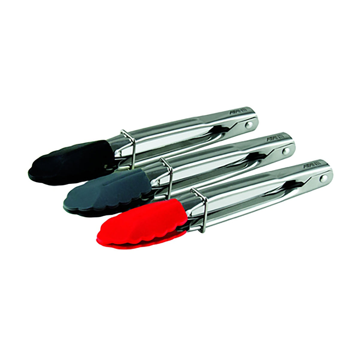 Avanti mini silicone tongs with steel arms and black, grey and red silicone heads