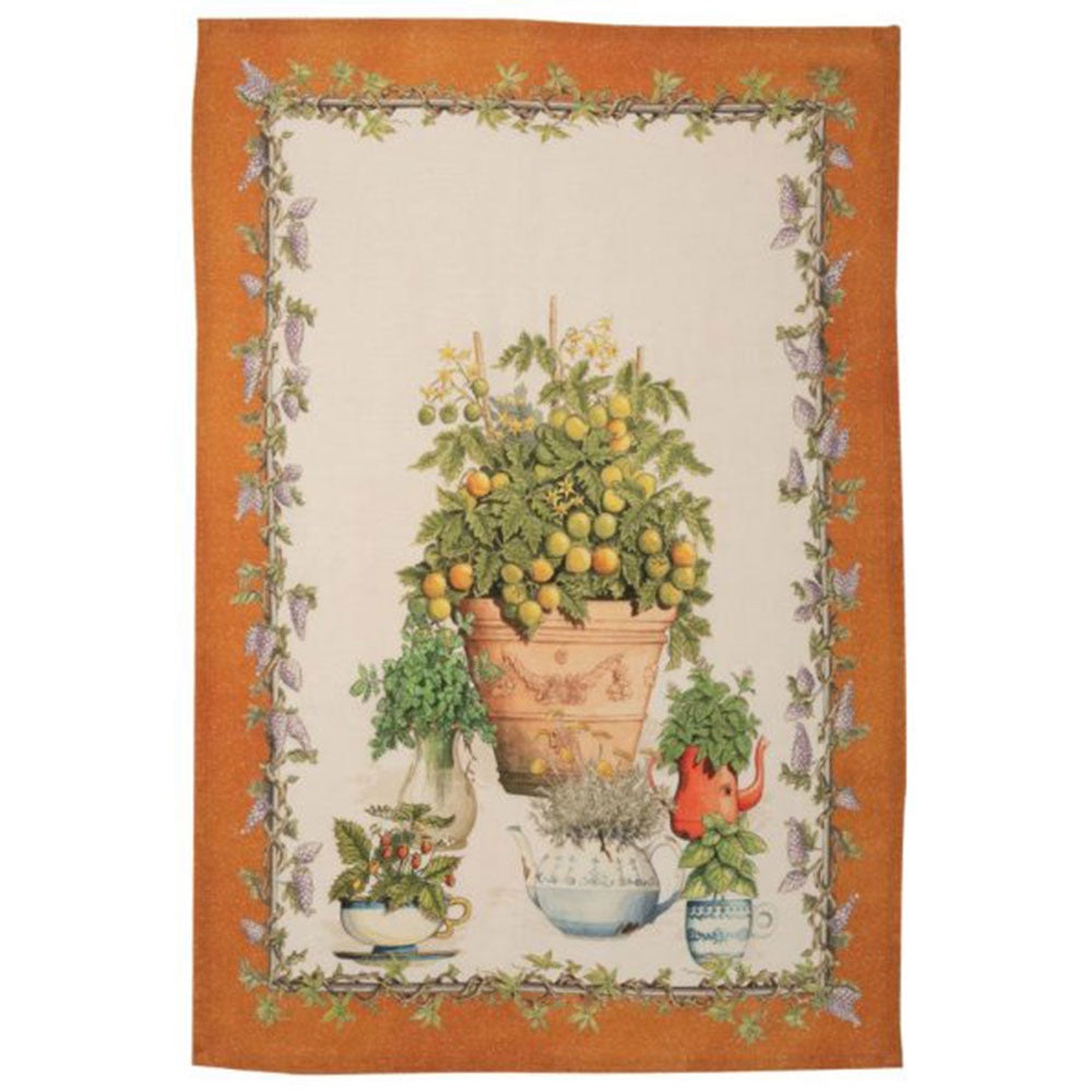 Tessitura Toscana Telerie Balcon Potager linen tea towel with a potted citrus tree print on orange