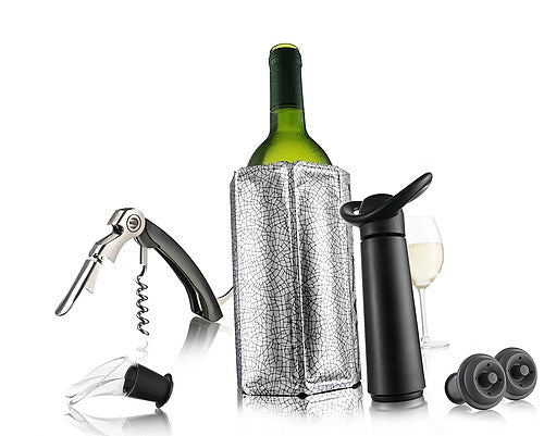 Vacu Vin Wine Essentials gift set with a corkscrew, wine cooler sleeve, vacuum pump, stoppers and a pourer