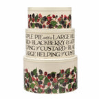 Emma Bridgewater Blackberries round tins, a nested stack with black lettering and a berry pattern