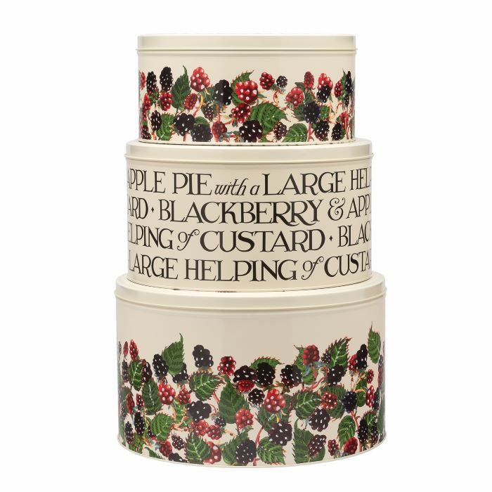 Emma Bridgewater Blackberries round tins, a nested stack with black lettering and a berry pattern