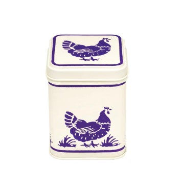 Emma Bridgewater Blue Little Hen square tin, 100g, with blue hens on cream