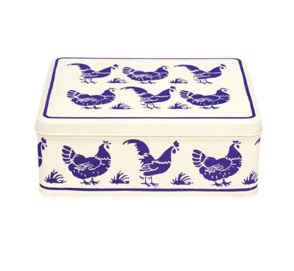 Emma Bridgewater Blue Little Hen deep rectangle tin with blue hens on cream