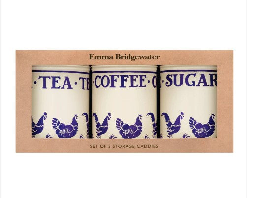 Emma Bridgewater Blue Little Hens caddies set of three tea, coffee and sugar tins in a kraft gift box