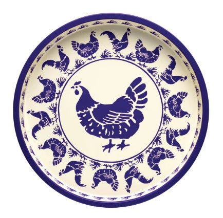 Emma Bridgewater Little Blue Hens deepwell tin tray with a blue hen in the centre and a ring of hens