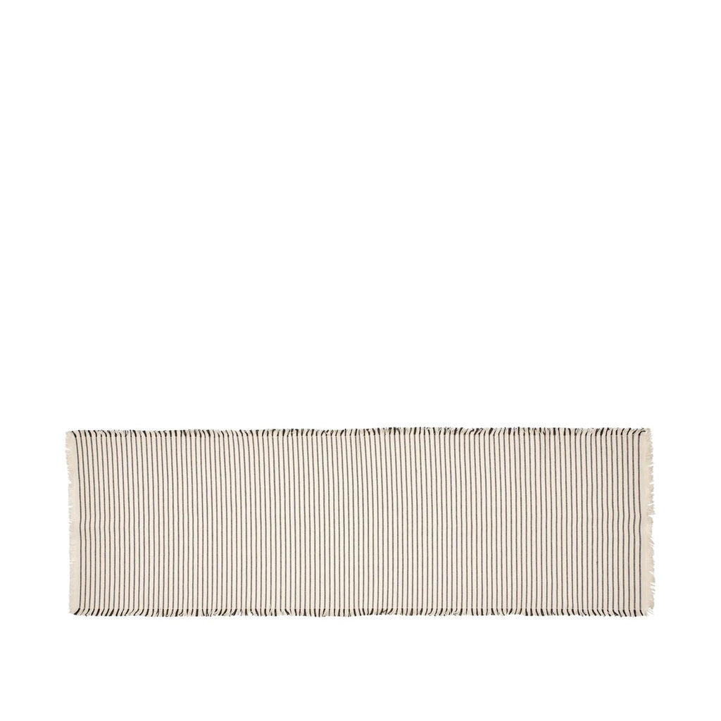 Broste Elouise table runner in off-white and black with fine ribbed stripes and fringed ends